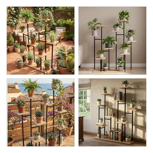 Image of ORILEY Florivo 8-Tier Vertical Wooden Plant Stand Indoor Flower Pot Holder Wood Display Racks for Potted Plants and Flowers Home Living Room Balcony & Garden Tall Shelf (Pack of 1)