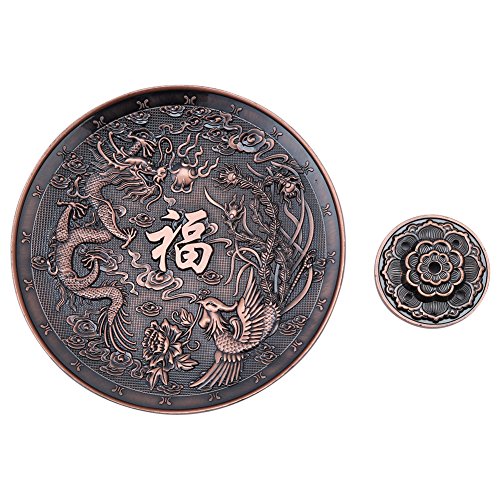 Brass Incense Holder For Sticks And Coil Incense Incense Plate Holder Vintage Incense Burner Cover Bronze Chinese Dragon Phoenix Tibetan Incense Plate Vintage Fengshui Decoration(Red Bronze) #TOP2