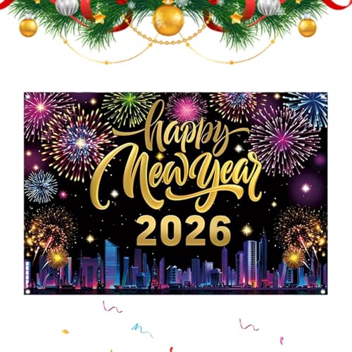 Panel de Nochevieja 2026 - Bandera de tela gigante, decoración colorida de, exhibición de celebración, decoración interior y exterior, reutilizable