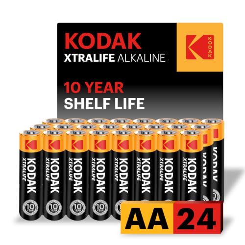 KODAK AA Alkaline Batteries (24 Pack) Double A High-Performance Battery Pack 10-Year Shelf Life Long-Lasting 145% Extra Life (24 Count Xtralife) for Household and Office Electronics