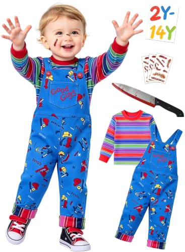 GONOSEED Chucky-inspired costume for kids with striped rainbow shirt jumpsuit prop knife and scar tattoos