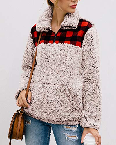 BTFBM Women Fashion Color-Block Plaid Print Warm Fleece Long Sleeve Sweatshirt Zipper Sherpa Pocket Pullover Jacket Tops (Brown, Medium)