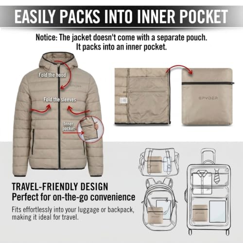 Image of Spyder Puffer Jacket Men - Packable Lightweight Quilted Hooded Winter Coat | Soft-touch insulation, packs into inner zip pocket, reversed coil zipper, zippered hand pockets