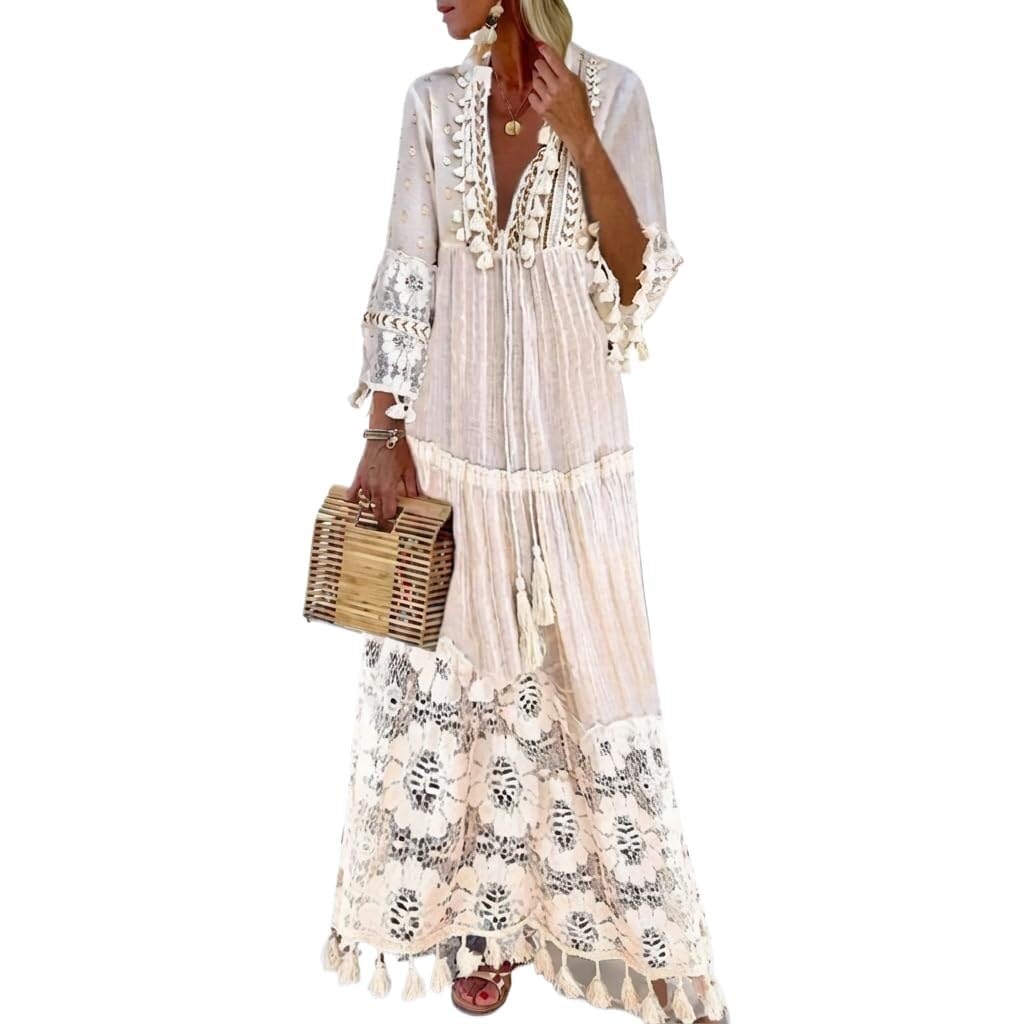 Vestido Maxi Bohemio de Encaje Mujer, Verano 2026 Cuello V Manga 3/4 Borlas Vestido Playa Invitada Boda