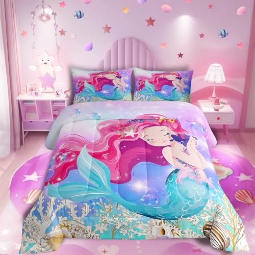 Kids Cute Mermaid Comforter Set Twin Size for Girls Rainbow Purple Mermaid Tail Printed Pattern Quilt with 1 Pillowcase for Girls Bedroom All Season Cute Kids Room Decor Bedding