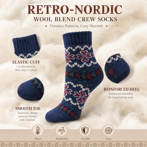 Image of Winter Women Socks 5 Pairs Vintage Wool Casual Thermal Crew Socks