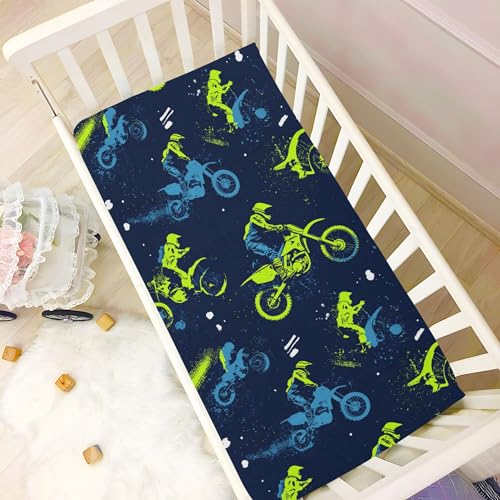 Image of Vintage Motocross Dirt Bike Crib Sheets Soft Breathable Fitted Baby Crib Sheets Mattress Cover for Girls Boys, 52 inch x 28 inch x 9 inch