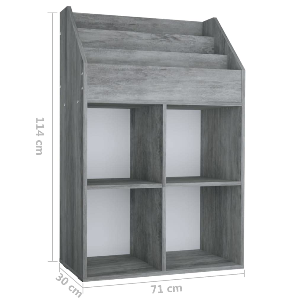 Drewniany stojak na czasopisma Ingenierie Szary Beton 71x30x114cm | 3 przegródki na książki, 4 otwarte przegródki, trwałe, czyszczenie na mokro