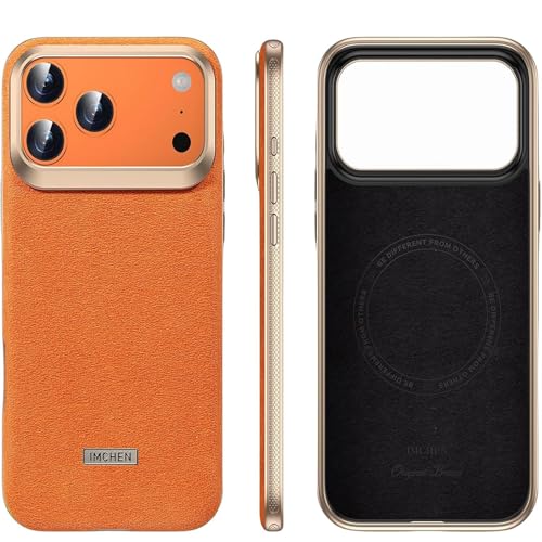 Coque iPhone 17 Pro compatible MagSafe en suède orange antidérapante