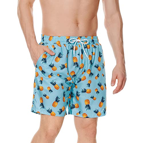 Image of American Trends Mens Swim Trunks Compression Lined Swim Shorts for Outdoor Bathing Suit Shorts, Pineapple Light Blue, Medium