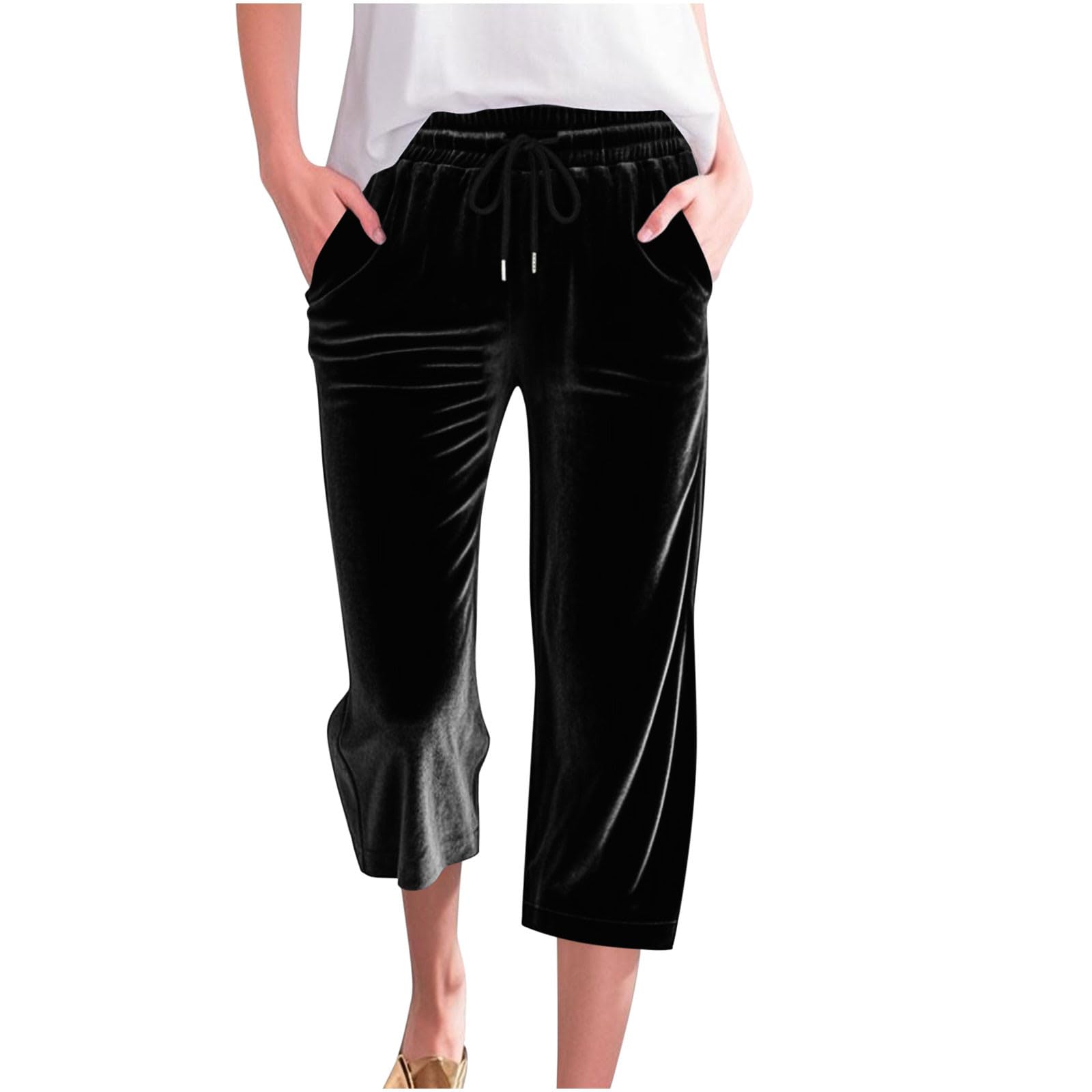 Womens Velvet Capri Pants Drawstring Waist Wide Leg Casual Cropped Pant Ankle Length Comfy Trousers with Pockets