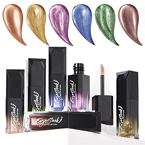 Eyeseek 6Pcs Liquid Glitter Eyeshadow Metallic Eye Makeup Set, Brilliant Cream Gel Shimmer Eye Shadow Brightener Eyeliner, Eyes Liner Make Up Kit - Rainbow Color #TOP24