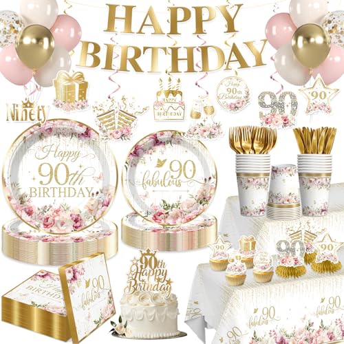 Yingto 215PCS 90th Birthday Decorations for Women All-in-One 90th Birthday Party Supplies with Plates Napkins Cups Banner Tablecloths Balloons Cake & Cupcake Toppers Serves 25