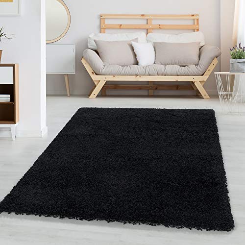 Teppich Wohnzimmer Hochflor Einfarbiges Design Langflor Shaggy Modern Flauschig, Farbe: Schwarz,...