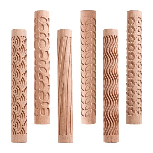 YWNYT Lot de 6 rouleaux à motifs en argile, kit de rouleaux à motifs en argile en bois, outils de poterie à motifs en argile avec manche en bois texturé...