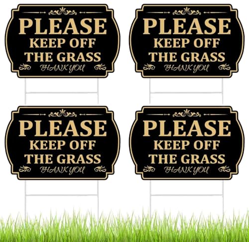 Yiqiying 4 Pcs Keep Off Grass Signs for Yard with Strong Stakes 12x 8 Stay Off Grass Signs for Yard Weatherproof Fade Resistant Easy to Mount Black Gold