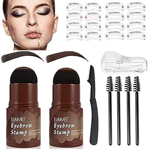 Eyebrow Stamp Kit,One Step Eye Brow Powder Waterproof Long Lasting with 4pcs Eyebrow Brush,20pcs Reusable Eyebrow Shaping Stencil Kit for Beginners 2 Sets (Dark Brown,Medium Brown) Cover