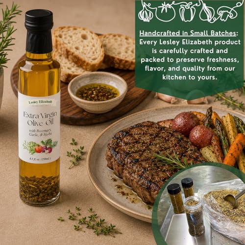 Image of Lesley Elizabeth Extra Virgin Olive Oil with Rosemary, Garlic & Herbs, 8.5 fl oz - Small-Batch Herb-Infused EVOO for Dipping, Roasting, Marinades & Everyday Cooking - All-Natural, Plant-Based Ingredients