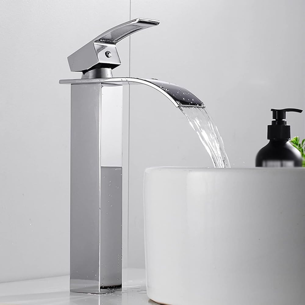 Robinet de salle de bain haut anti-éclaboussures à bec cascade