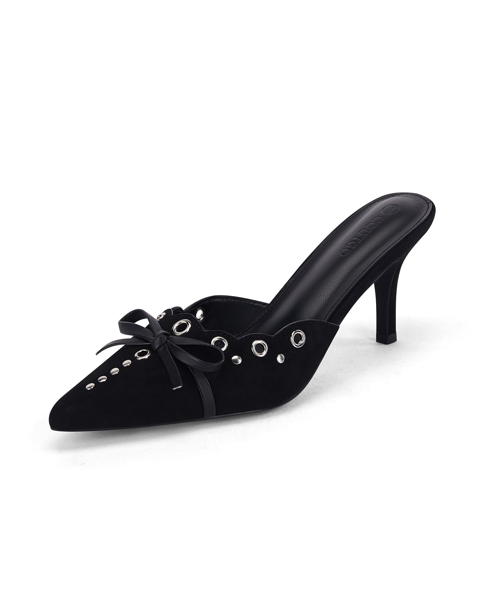 Coutgo Women's Bow Tie Mule Heels Pointed Toe Studded Backless Stilettos Slip On Dress Pump Shoes