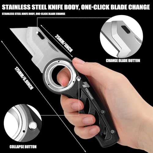Image of Tondiamo 4 Pcs Folding Pocket Utility Knife Heavy Duty Box Cutter Folding Razor Knife with Anti Slip Finger Loop Easy Change Blades 3 Lock Positions Design (Yellow,Red,Black,Blue)