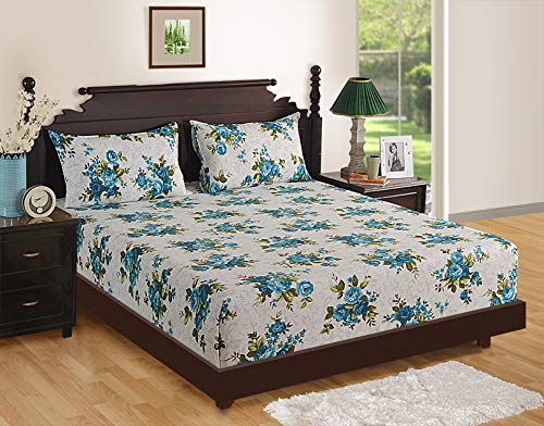 Image of Swayam Pure Cotton Single Bedsheet with 1 Pillow Covers | 160 TC Soft Breathable Bed Sheet | Floral Printed | Size 60 x 90 inch | Comfortable & Durable for Bedroom - White & Blue