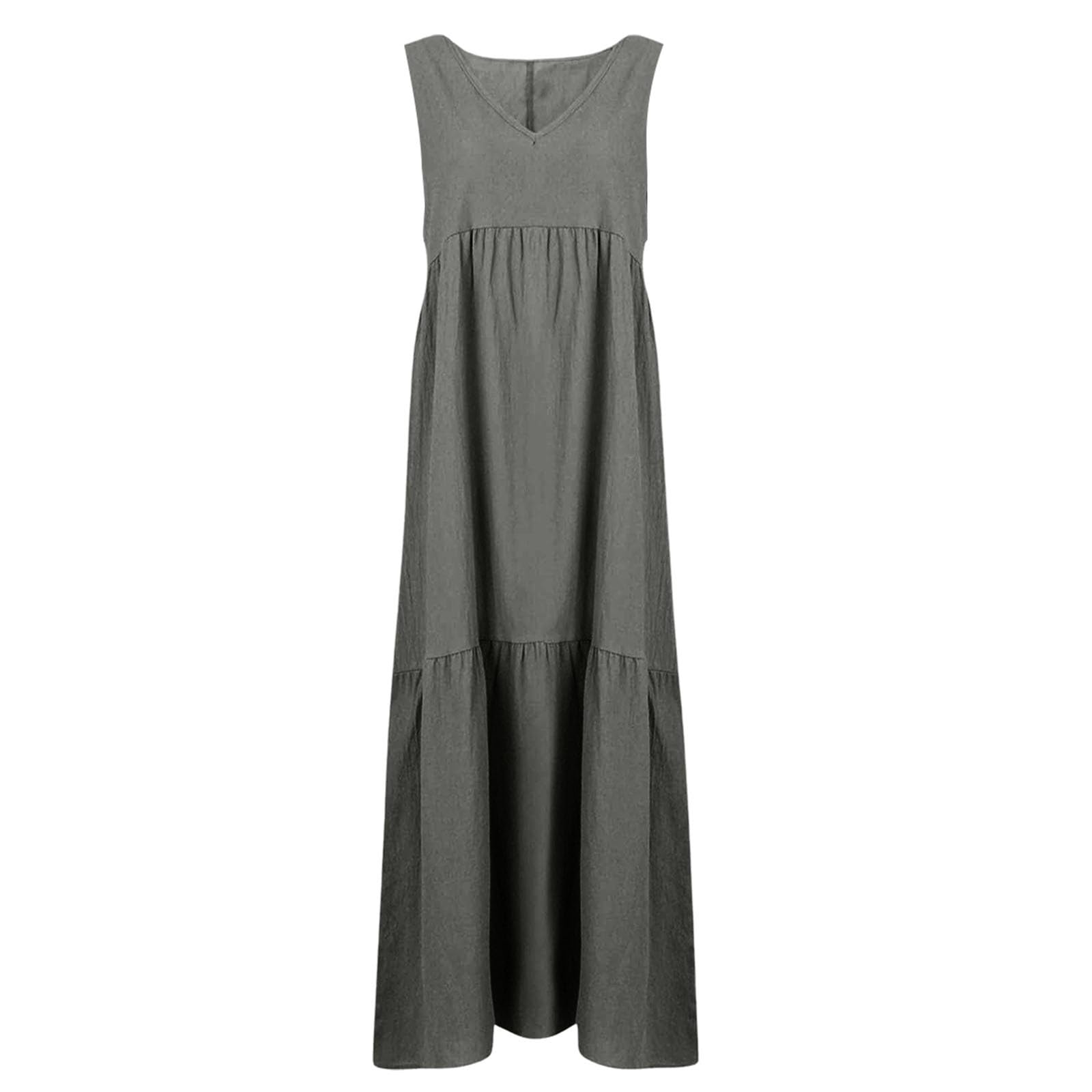 Abito estivo da donna in lino, scollo a V, con spalline, tinta unita, con spalle scoperte, casual, in cotone e lino, senza maniche, abito da spiaggia