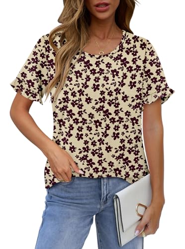 CRAZY GRID Women's Shirts Summer Casual Crewneck Ruffle Short Sleeve Blouses Cute Floral Print Tunic Tops