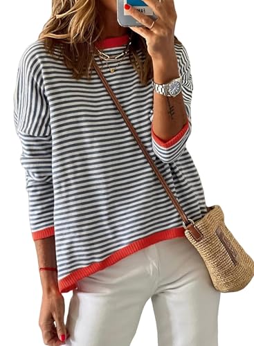 Sherosa Womens Long Sleeve Striped Sweaters 2024 Trendy Crewneck Color Block Shirts High Low Fall Tops Fashion Outfits