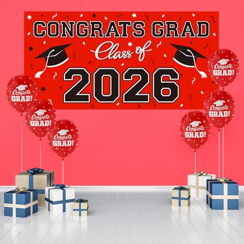 Image of 2026 Graduation Party Plastic Backdrop - 65 inch x 32.7 inch Congrats Grad Banner in Red, Large Class of 2026 Decorations, Photography & Grad Party Supplies