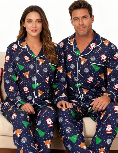 Image of RAISEVERN Couples Christmas Matching Pajamas 2 Piece Women Men Xmas Pjs Soft Pajama Set Long Sleeve Loungewear Warm Sleepwear