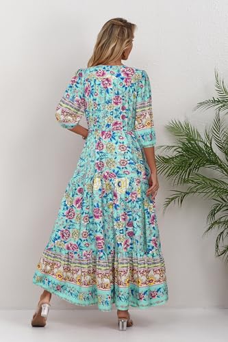 Image of Women Short Sleeve V Neck Floral Print Casual Bohemian Maxi Dresses