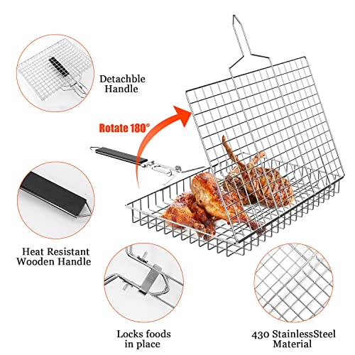 Newthinking BBQ Grill Basket for Vegetable and Fish Portable Stainless Steel Folding Barbecue Grill Basket Net with Removable Handle for Roast Fish Vegetables BBQ Party - Image 2