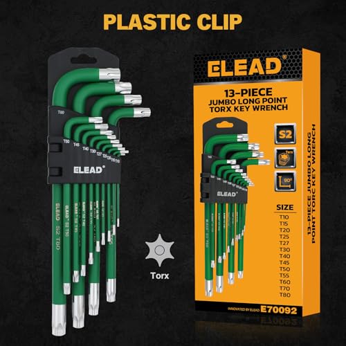 Image of ELEAD Jumbo Torx Key Wrench Set | 13-Piece Durable S2 Star Keys | L-Shaped Long Arm Design | Sizes T10 to T80 | Automotive | Mechanic | Furniture | Professional Grade Tools