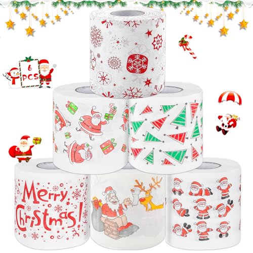 GreenYeah Weihnachts Toilettenpapier, 6 Toilettenpapier Rolle Bedruckt Weihnachtsmann Elch Weihnachtsbaum Merry Christmas, Lustige Weihnachtens Toilettenpapier, Frohe Weihnachten Toilettenpapiers