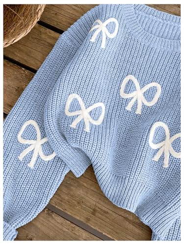 Image of BEAUDRM Girl's Cute Bow Sweater Crew Neck Long Sleeve Drop Shoulder Loose Pullover Tops