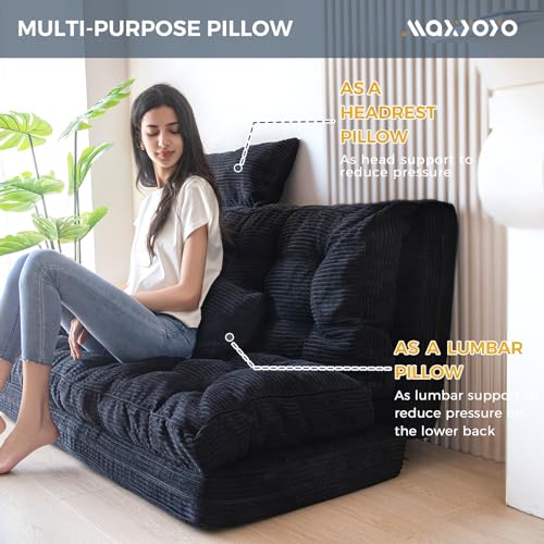 Image of MAXYOYO Folding Sofa Bed, Tufted Bean Bag Bed with Pillows Floor Couch for Adults, Extra Thick and Long Floor Sofa, Full Floor Couch Bed for Bedroom Living Room, Black, 54x91 Inch