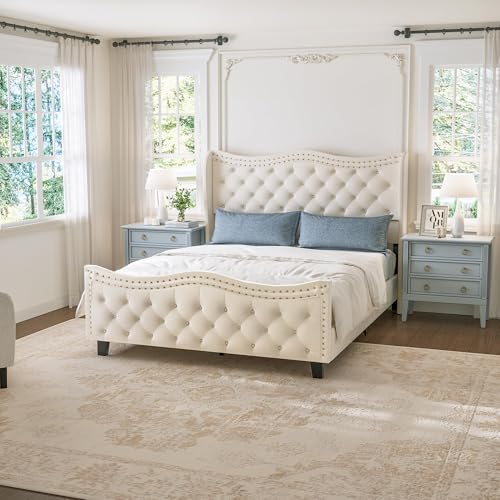 RIHHA Elegant Glam Queen Upholstered Bed Frame with Tall Tufted Wingback Headboard & Footboard – Cream Beige Velvet Platform Bed, Sturdy & Noise-Free, No Box Spring Required, Easy Assembly RIHHA Elegant Glam Queen Upholstered Bed Frame with Tall Tufted Wingback Headboard & Footboard – Cream Beige Velvet Platform Bed, Sturdy & Noise-Free, No Box Spring Required, Easy Assembly