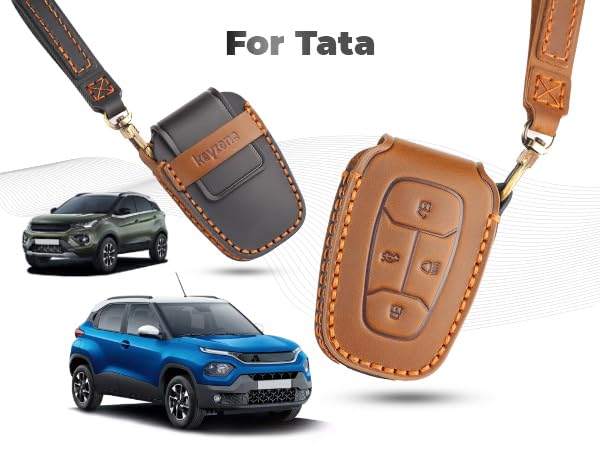 Image of Keyzone Leather Key Cover and Keychain Compatible for Tata Nexon | Harrier | Safari | Punch | Altroz | Tigor 4 Button Smart Key (Blue)