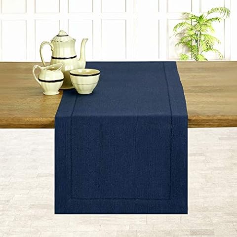 D'Moksha Homes Linen Table Runner 100% Pure Linen Hemstitch Short Table Runners, Machine Washable, Coffee Table Runner For Fall, Halloween, Christmas, Thanksgiving 14 X 36 Inch Midnight Navy Blue Cover