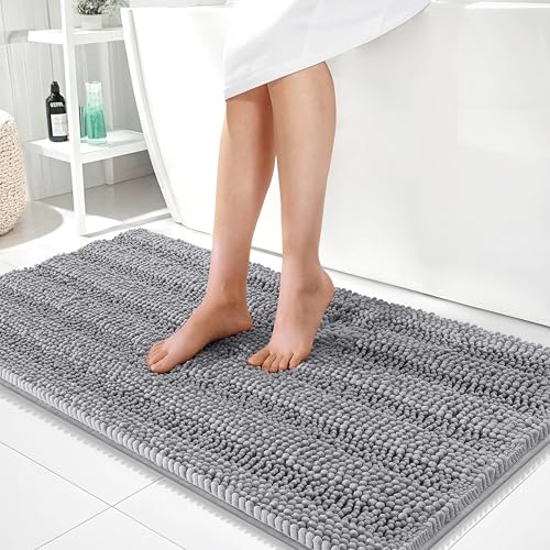Image of OLANLY Thick Bathroom Runner Rugs 44x24, Extra Absorbent Chenille Striped Bath Rugs, Rubber Backing, Machine Wash Dry, Long Bath Mats for Bathroom Floor, Tub and Shower, Home Decor Accessories, Grey