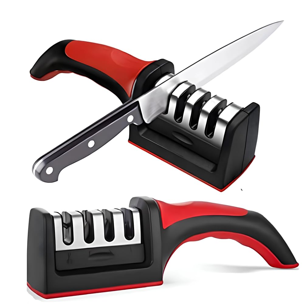 Professional Kitchen Knife Sharpener 4-in-1 with Scissor Slot, Multi-Stage Sharpening Tool with Non-Slip Base for Kitchen Knives