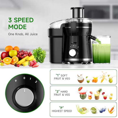 Juicer Machine, 500W Centrifugal Juicer Extractor with 3 Speed & Wide Mouth 3” Feed Chute for Fruit Vegetable, High Yield Juicer Included Cleaning Brush for Easy to Clean, Black - Image 3