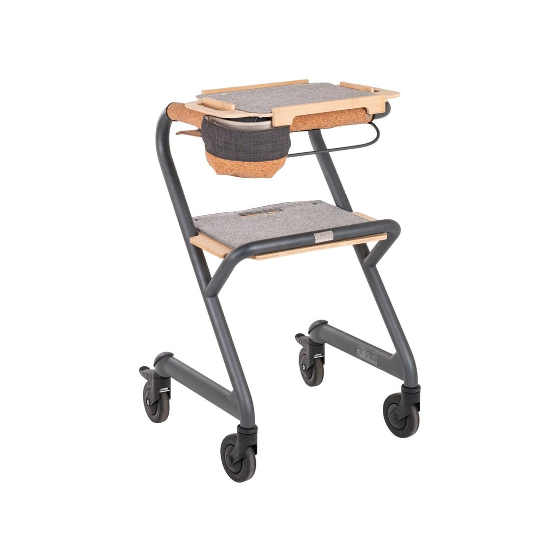 Saljol Wohnraumrollator in Vollausstattung, Helfer für den Wohnbereich mit Tablett und Sitz, Indoor Rollator, wendig, stabil, mobiler Handlauf, Sitzhöhe 56 cm, Velvet Grey (Anthrazit)