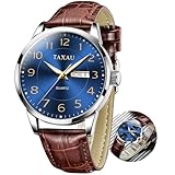 Taxau Mens Dress Watch Brown Leather Band Waterproof Watches for Men Large Face Easy Read Analog Watch Casual Arabic Numeral Men's Wrist Watches with Date Luminous Blue Dial