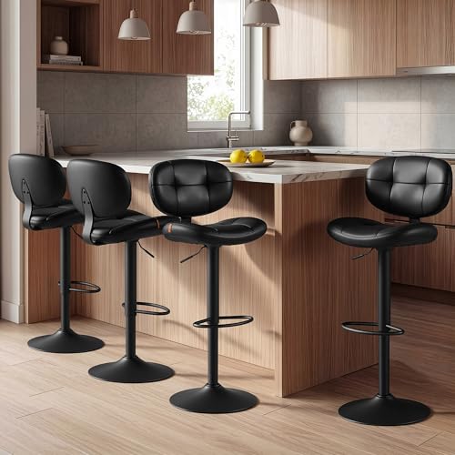 Image of VASAGLE Bar Stools Set of 4, Height Adjustable Kitchen Barstools, Swivel Bar Chairs with Back and Footrest, Quilt PU Leather Surface, Dining Room, Counter, Steel, Ink Black ULJB150B101S-2J