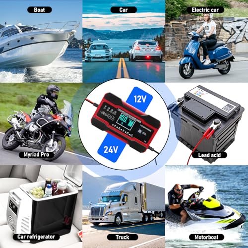 Image of 10 Amp Smart Car Battery Charger, 12 V /24 V Fully Automatic Battery Maintenance and Trickle Charger with LCD Display, Pulse Repair for Lead Acid, AGM, GEL, SLA, Wet Batteries