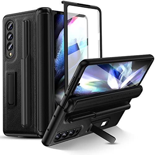 Fewdew for Z Fold 4 Case, Galaxy Z Fold 4 Case with Detachable S Pen Holder & Hinge Protection, Ultra HD Screen Protector & Kickstand,Leather Protective Case for Samsung Galaxy Z Fold 4 5G(2022),Black