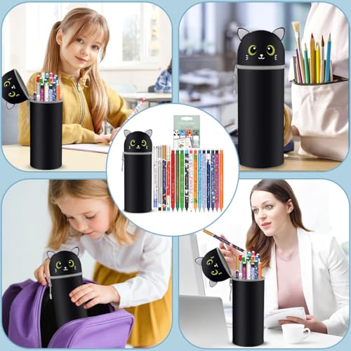 Radierbaren Gelstiften Set + Katze Kawaii 2-in-1 Federmäppchen, mit thermoempfindlicher Löschtinte (Schwarze Katze +16 löschbarer Stift + Lesezeichen)
