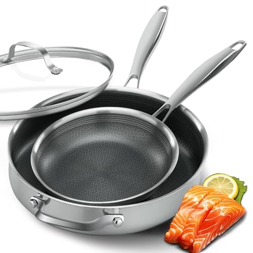 ATSENT Non Stick Frying Pans,Hybrid Frying Pan with Lid,Non Toxic Frying Pans Nonstick,Stainless Steel Skillet,Dishwasher and Oven-Safe,Compatible with All Cooktops, 2-Piece Set (7.8+11in)